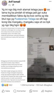 Tanggapi Peryataan Kepala Puskesmas Telaga, Arif Ismail Kembali Unggah Status Ini