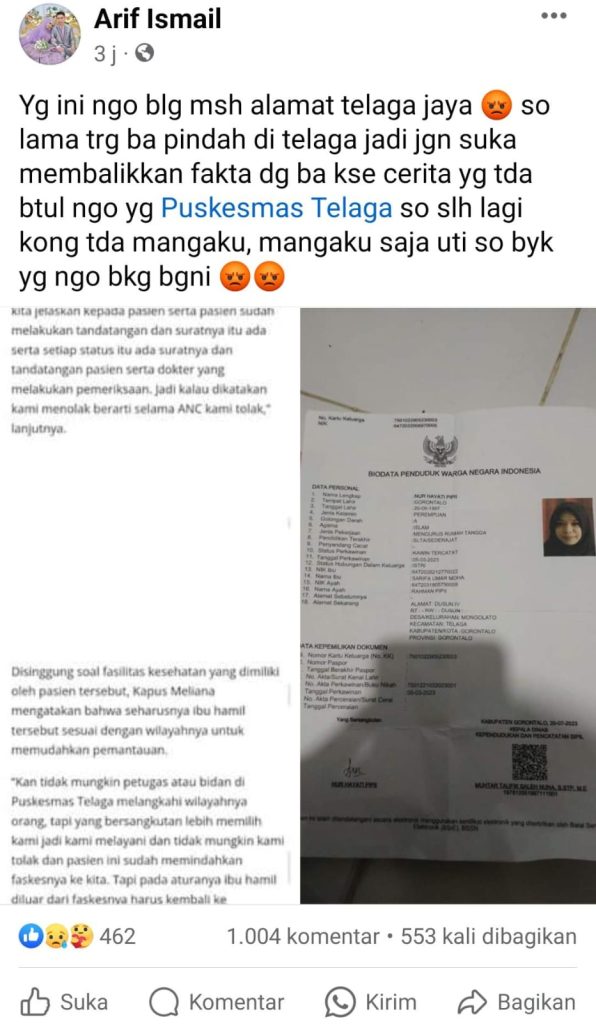 Tanggapi Peryataan Kepala Puskesmas Telaga, Arif Ismail Kembali Unggah Status Ini