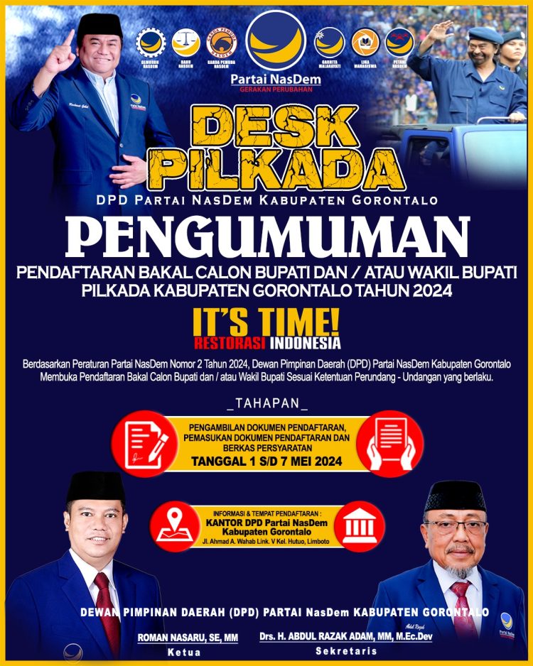 Besok DPD NasDem Gorontalo Buka Pendaftaran Bacabup dan Bacawabup